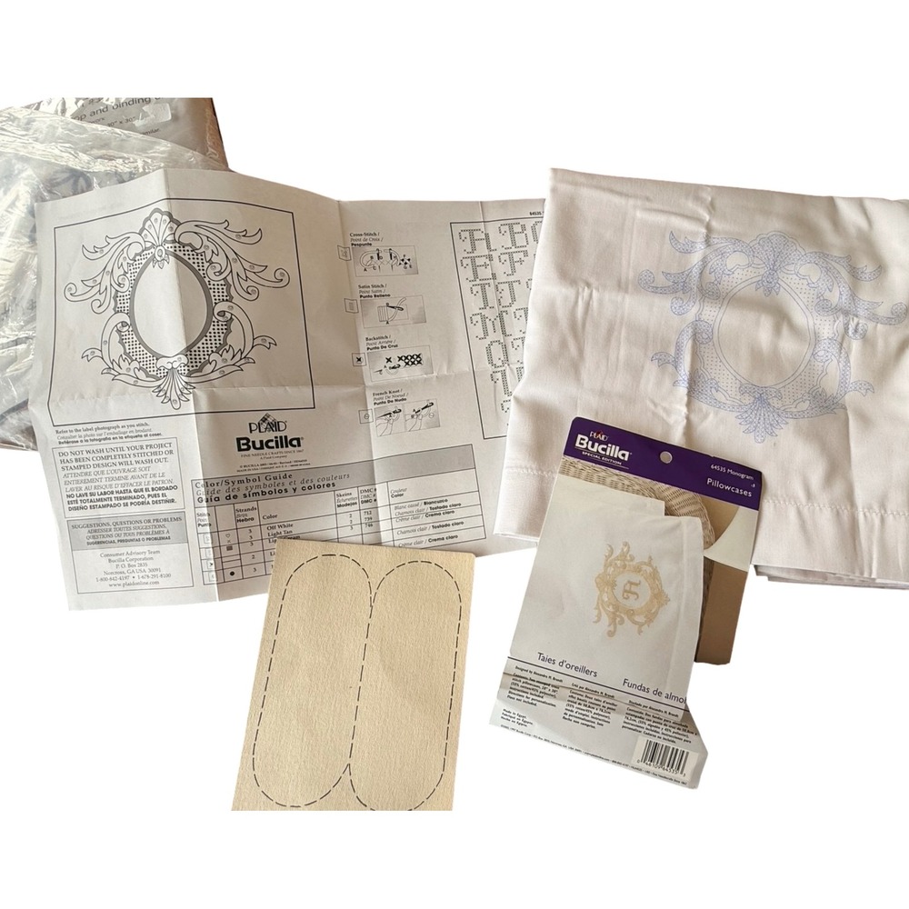 Bucilla Monogram Pillowcase Kit Stamped Cross Stitch White Pair Complete